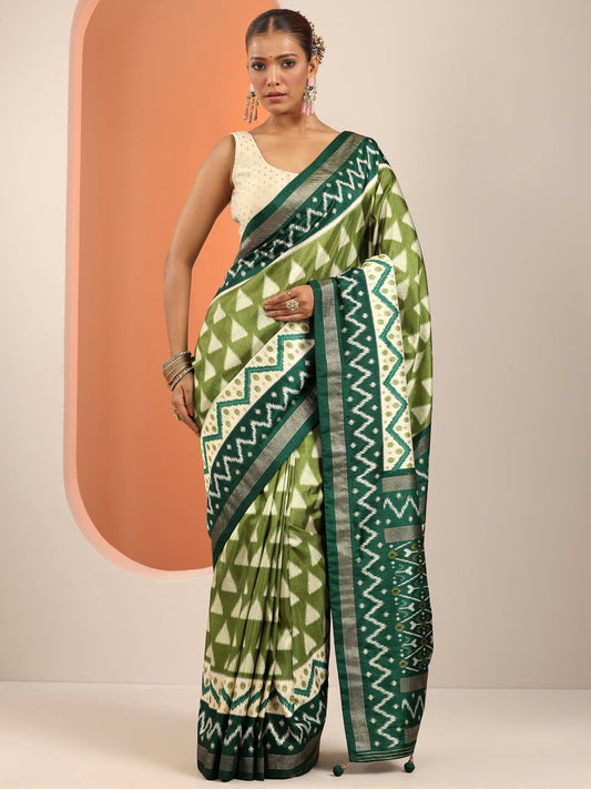 Green Printed Silk Blend Saree With Unstitched Blouse Piece