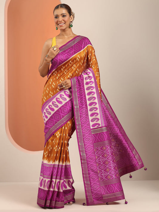 Mustard Printed Silk Blend Saree With Unstitched Blouse Piece
