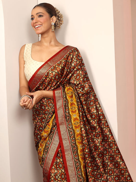 Multi Printed Silk Blend Saree With Unstitched Blouse Piece
