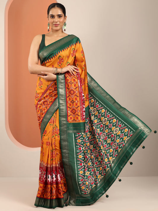 Mustard Kalamkari Printed Silk Blend Saree With Unstitched Blouse Piece