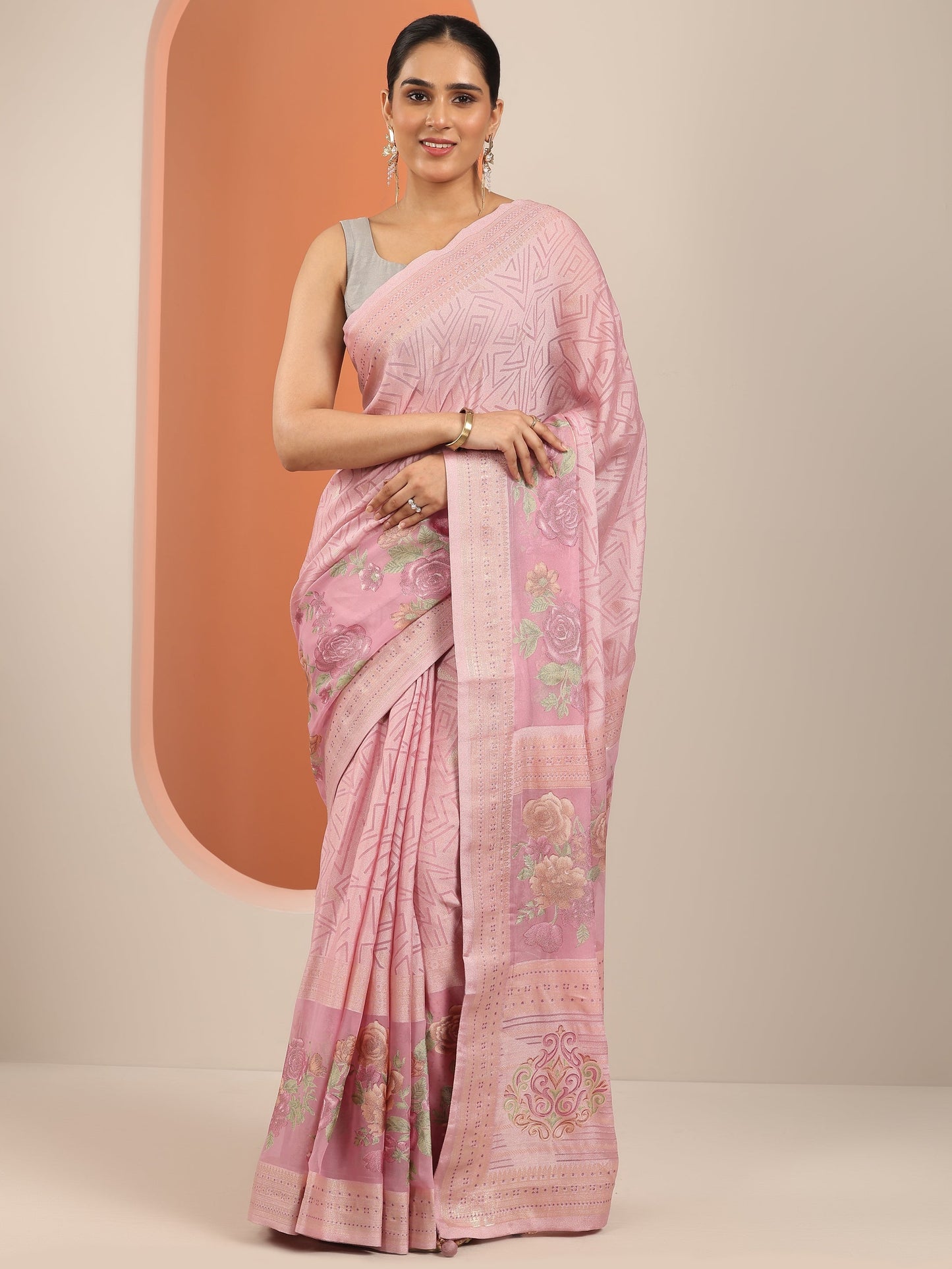 Pink Printed Georgette Saree With Unstitched Blouse Piece