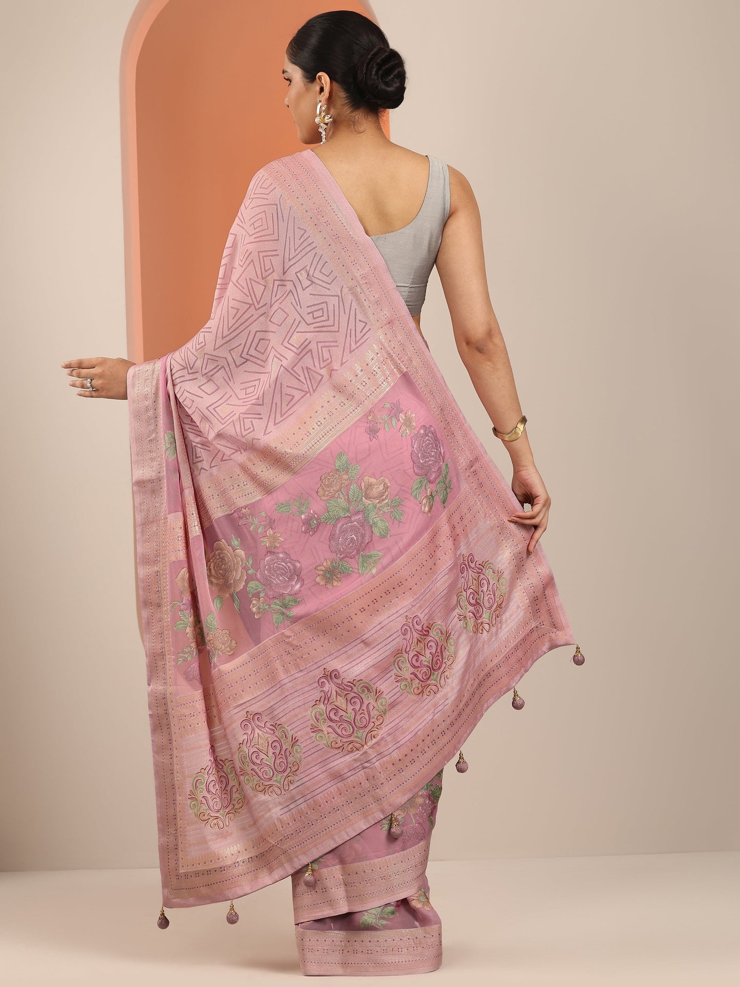 Pink Printed Georgette Saree With Unstitched Blouse Piece