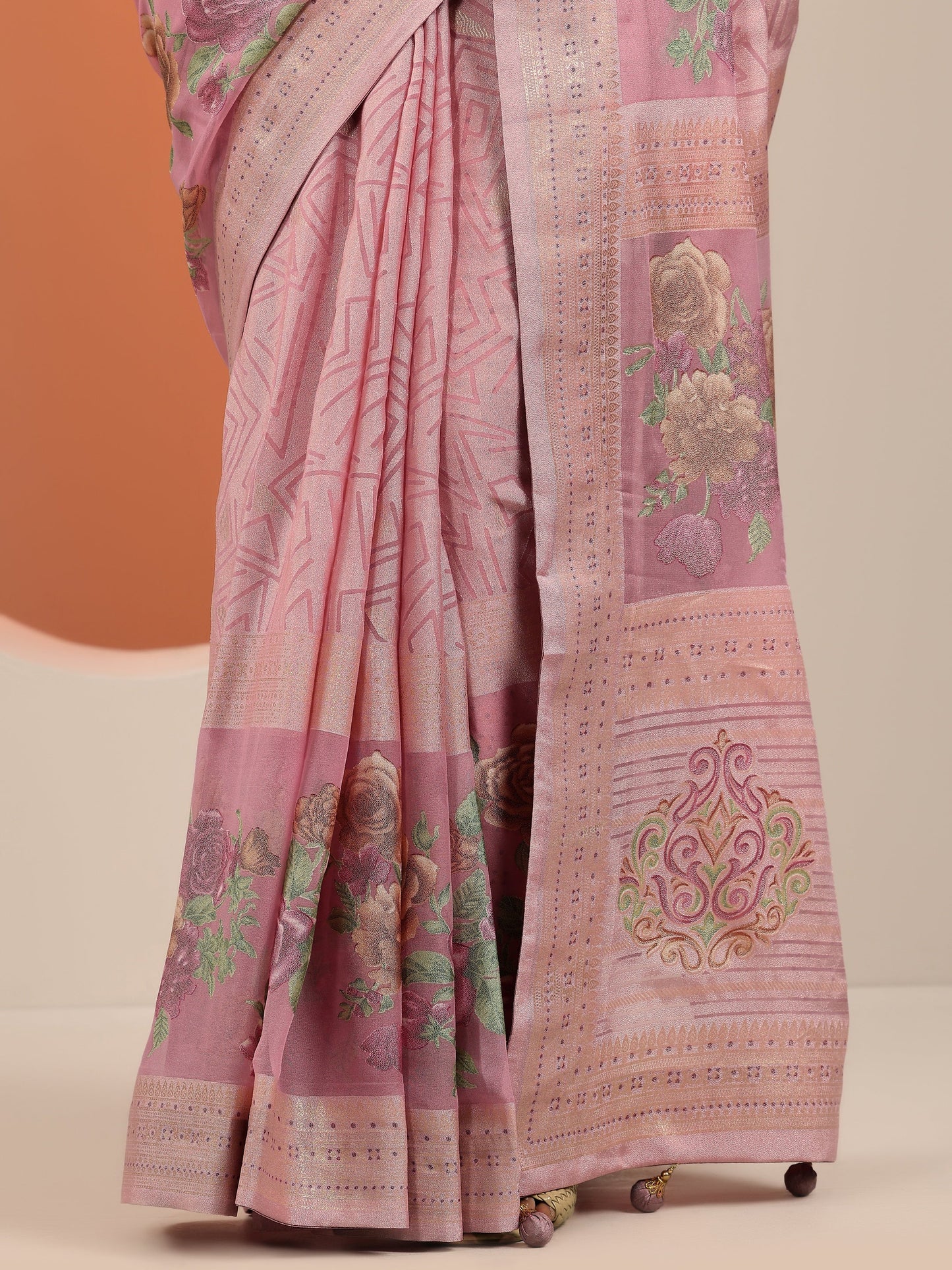Pink Printed Georgette Saree With Unstitched Blouse Piece