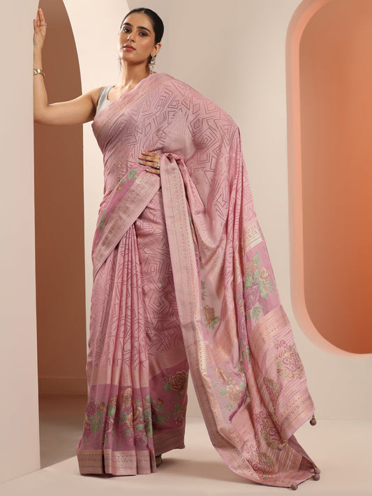Pink Printed Georgette Saree With Unstitched Blouse Piece