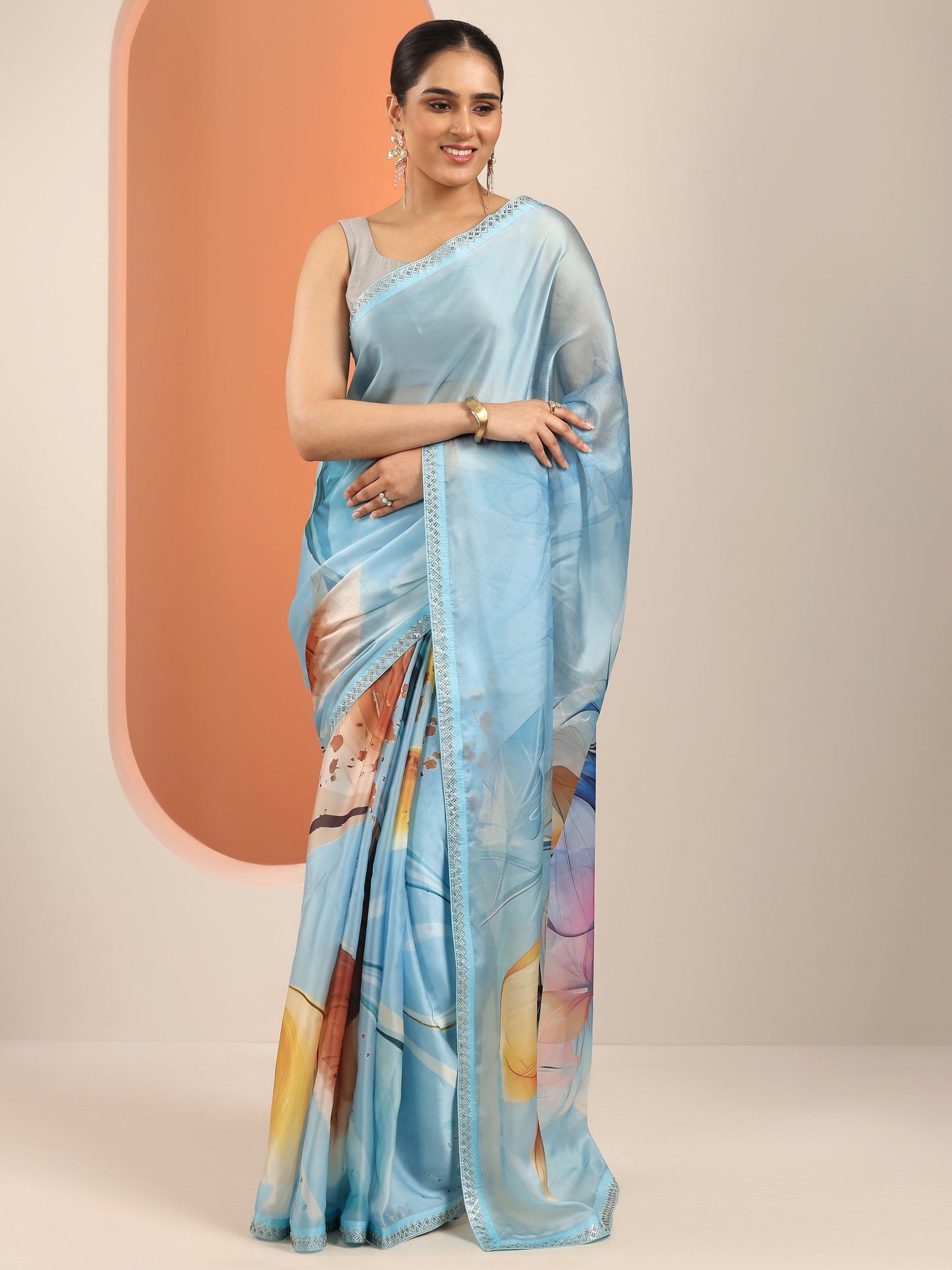 Blue Printed Organza Saree With Unstitched Blouse Piece