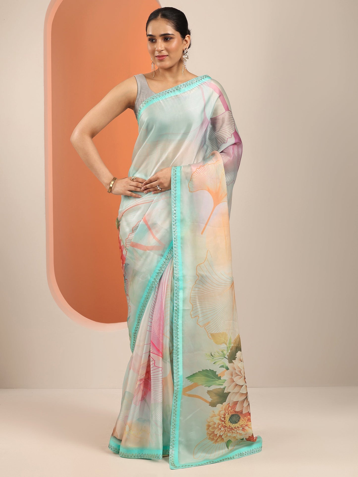 Multi Printed Organza Saree With Unstitched Blouse Piece