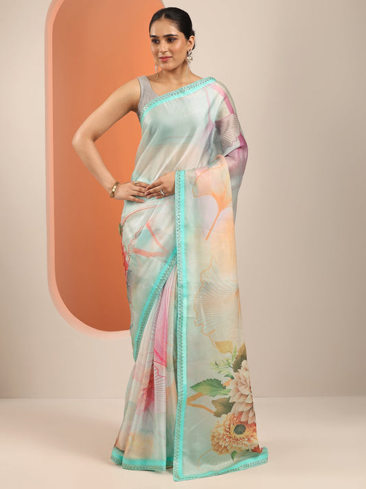Multi Printed Organza Saree With Unstitched Blouse Piece
