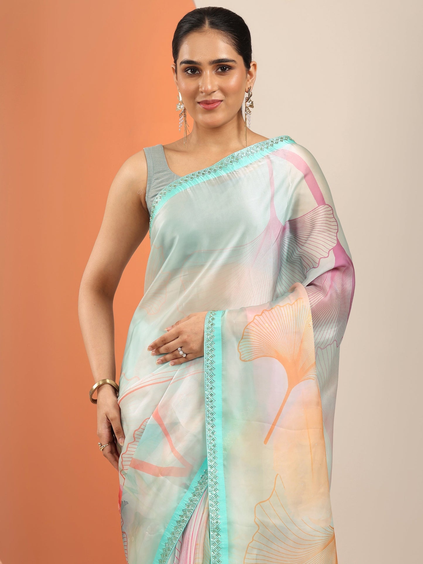 Multi Printed Organza Saree With Unstitched Blouse Piece
