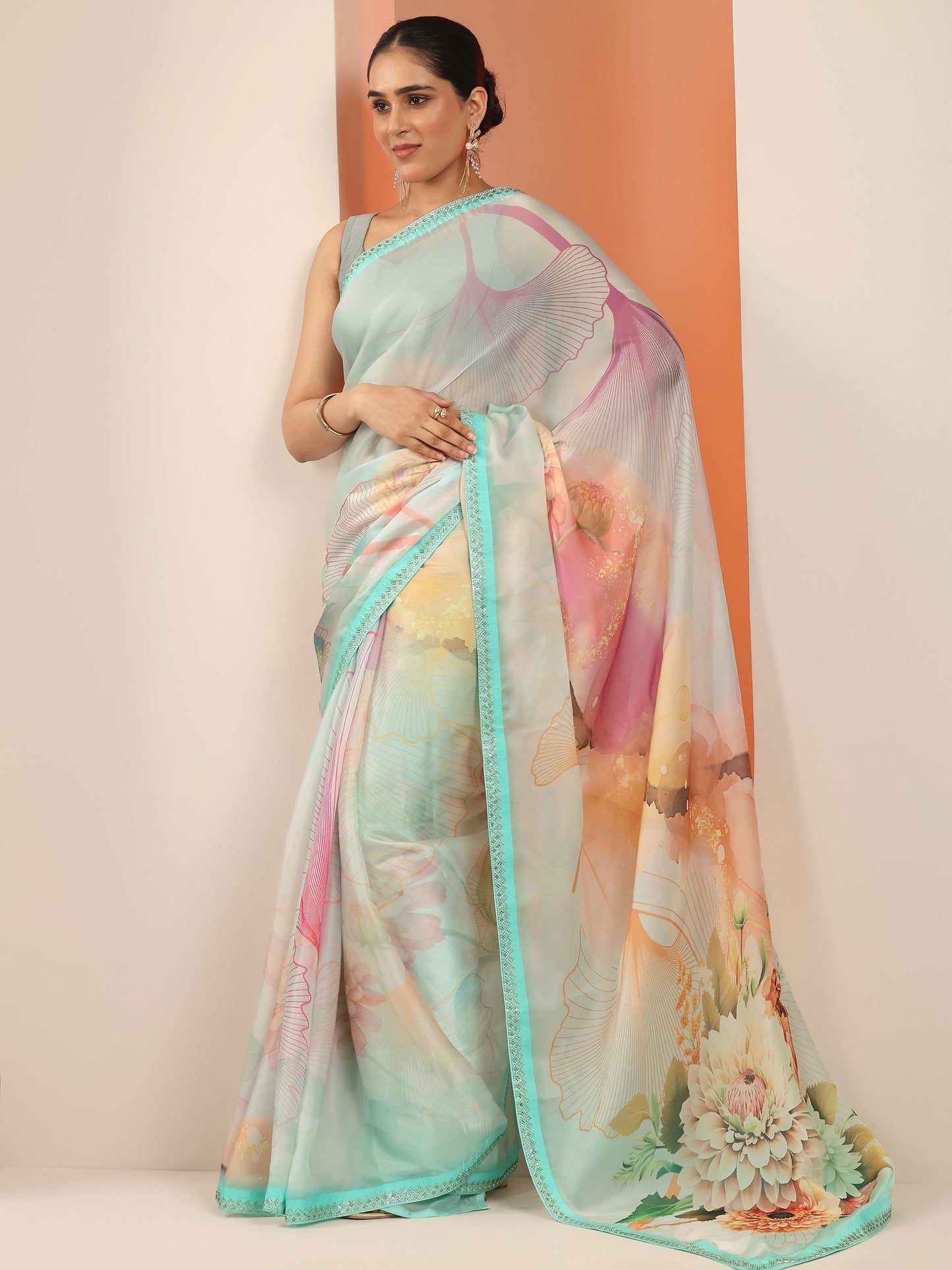 Multi Printed Organza Saree With Unstitched Blouse Piece