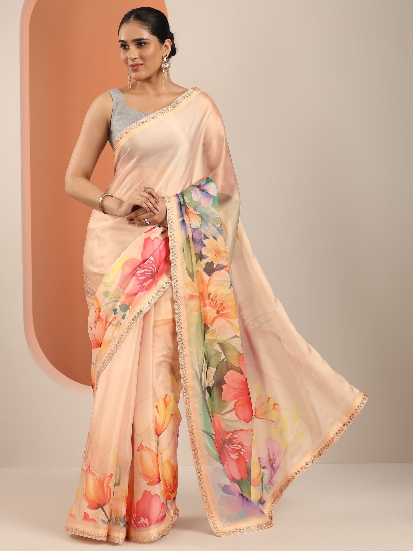 Peach Printed Organza Saree With Unstitched Blouse Piece