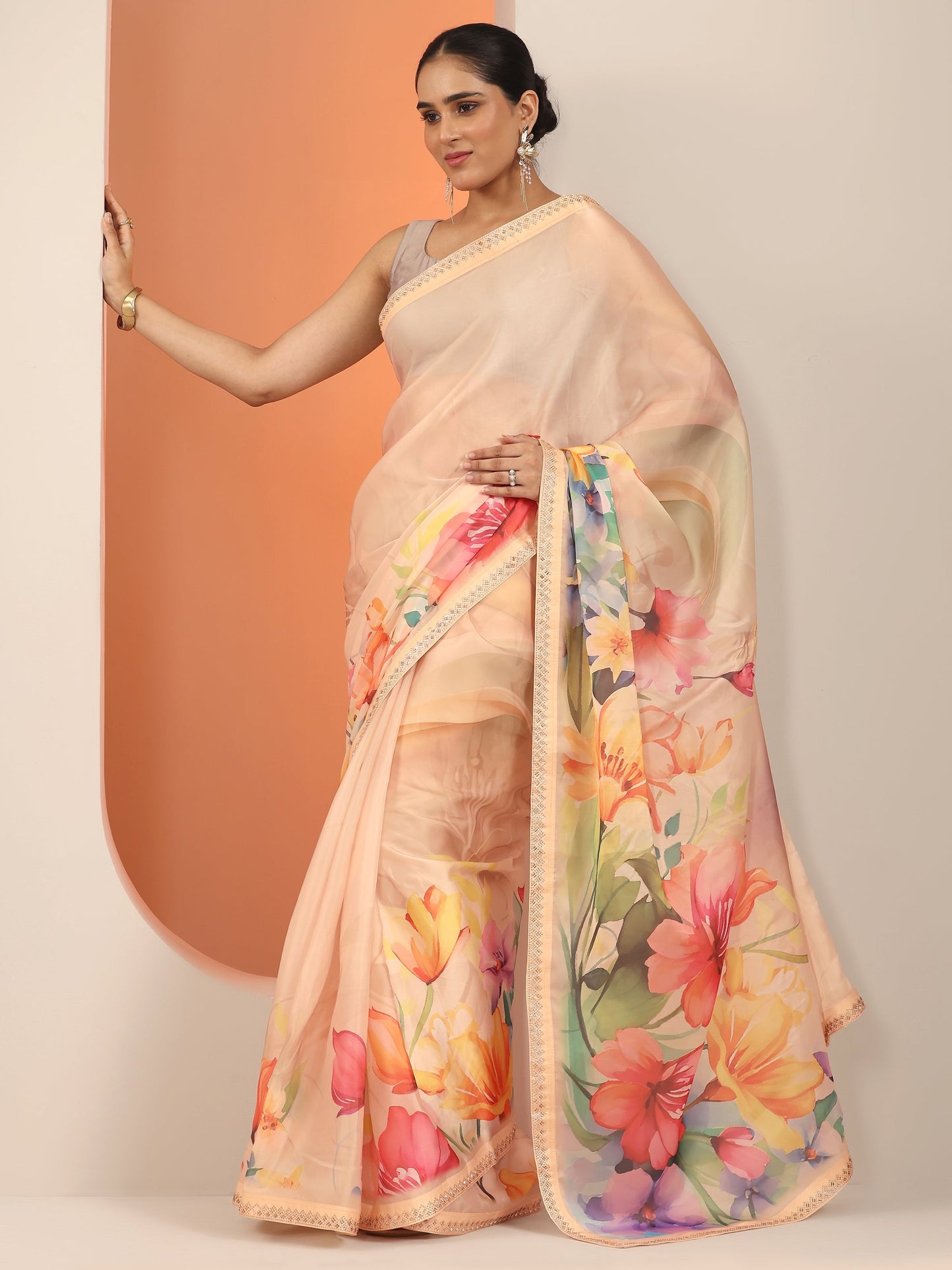 Peach Printed Organza Saree With Unstitched Blouse Piece