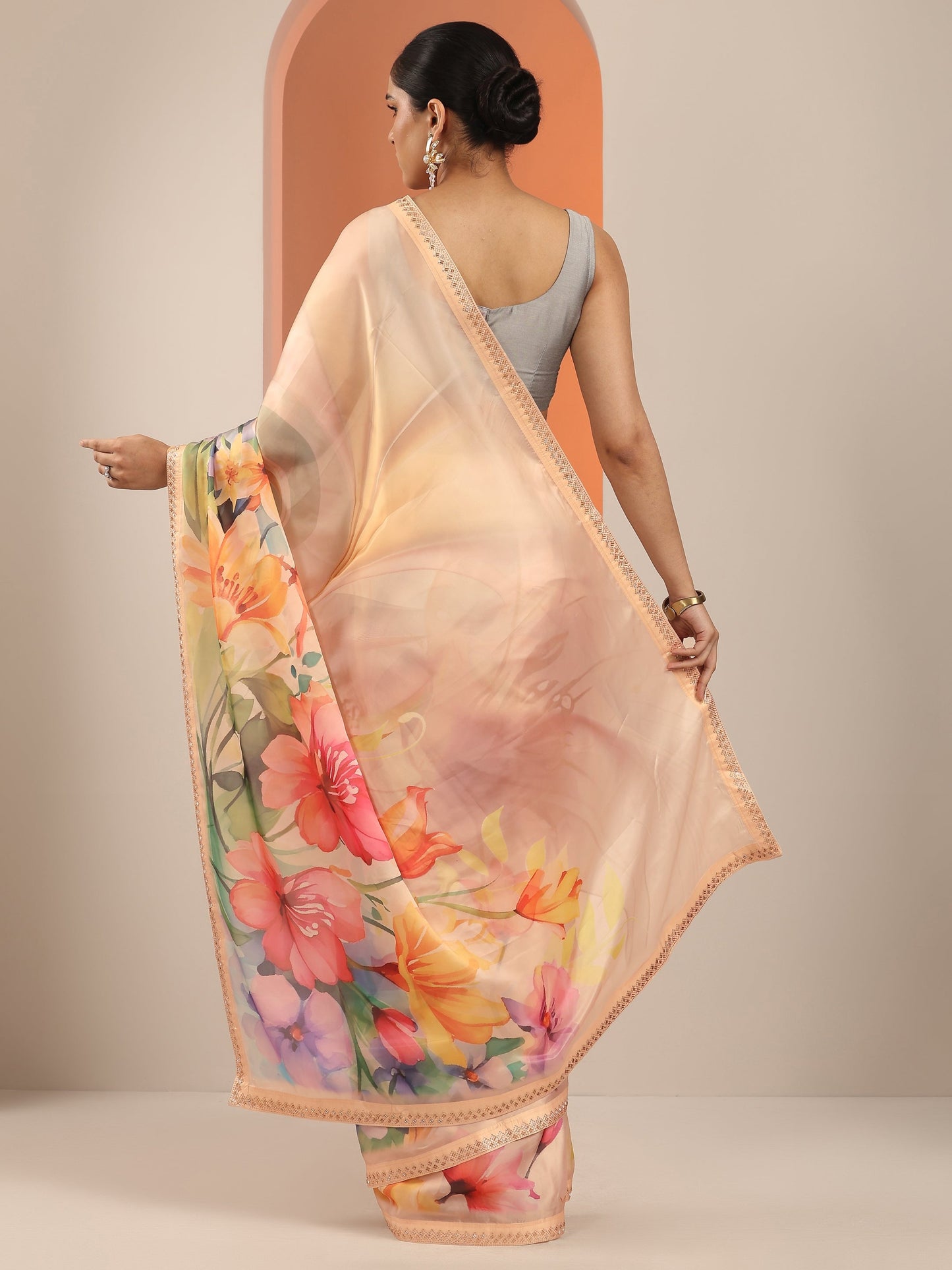 Peach Printed Organza Saree With Unstitched Blouse Piece
