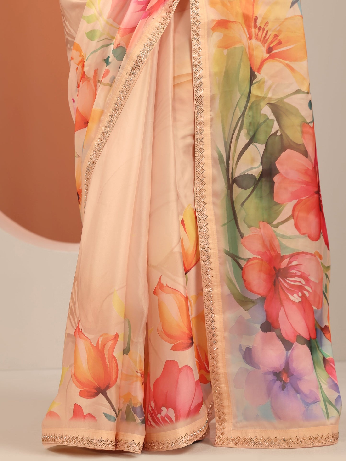 Peach Printed Organza Saree With Unstitched Blouse Piece
