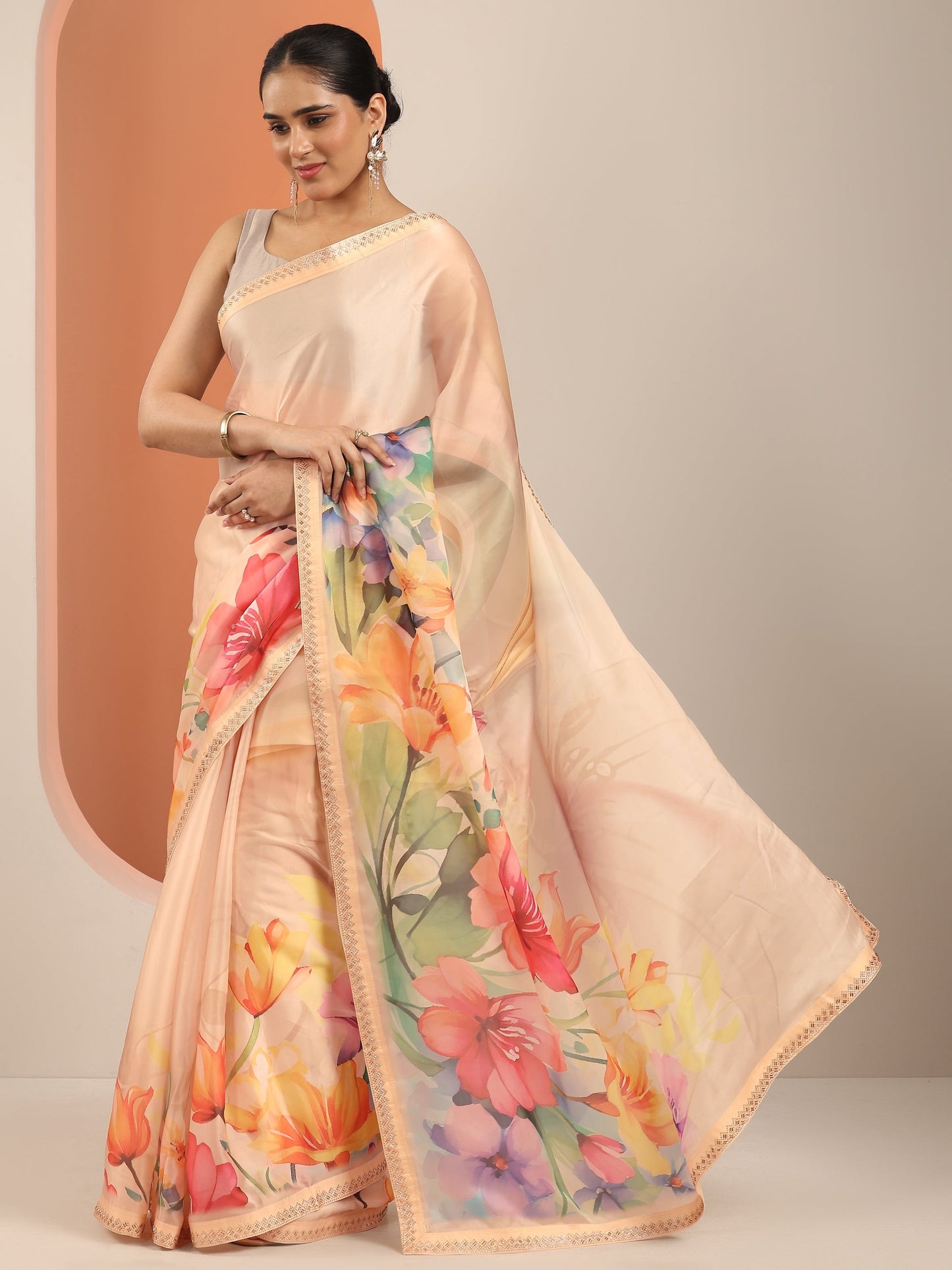 Peach Printed Organza Saree With Unstitched Blouse Piece