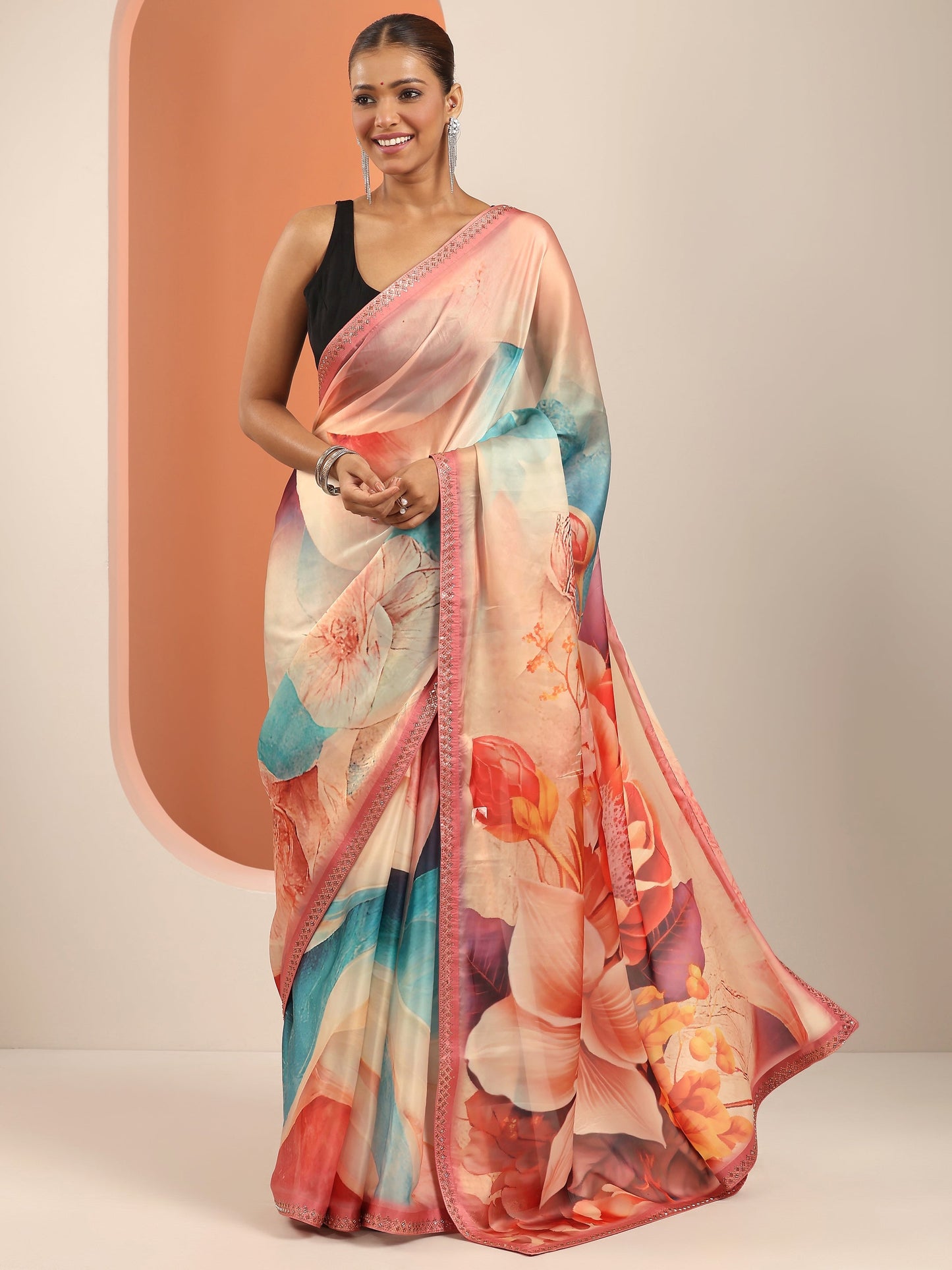 Peach Printed Organza Saree With Unstitched Blouse Piece