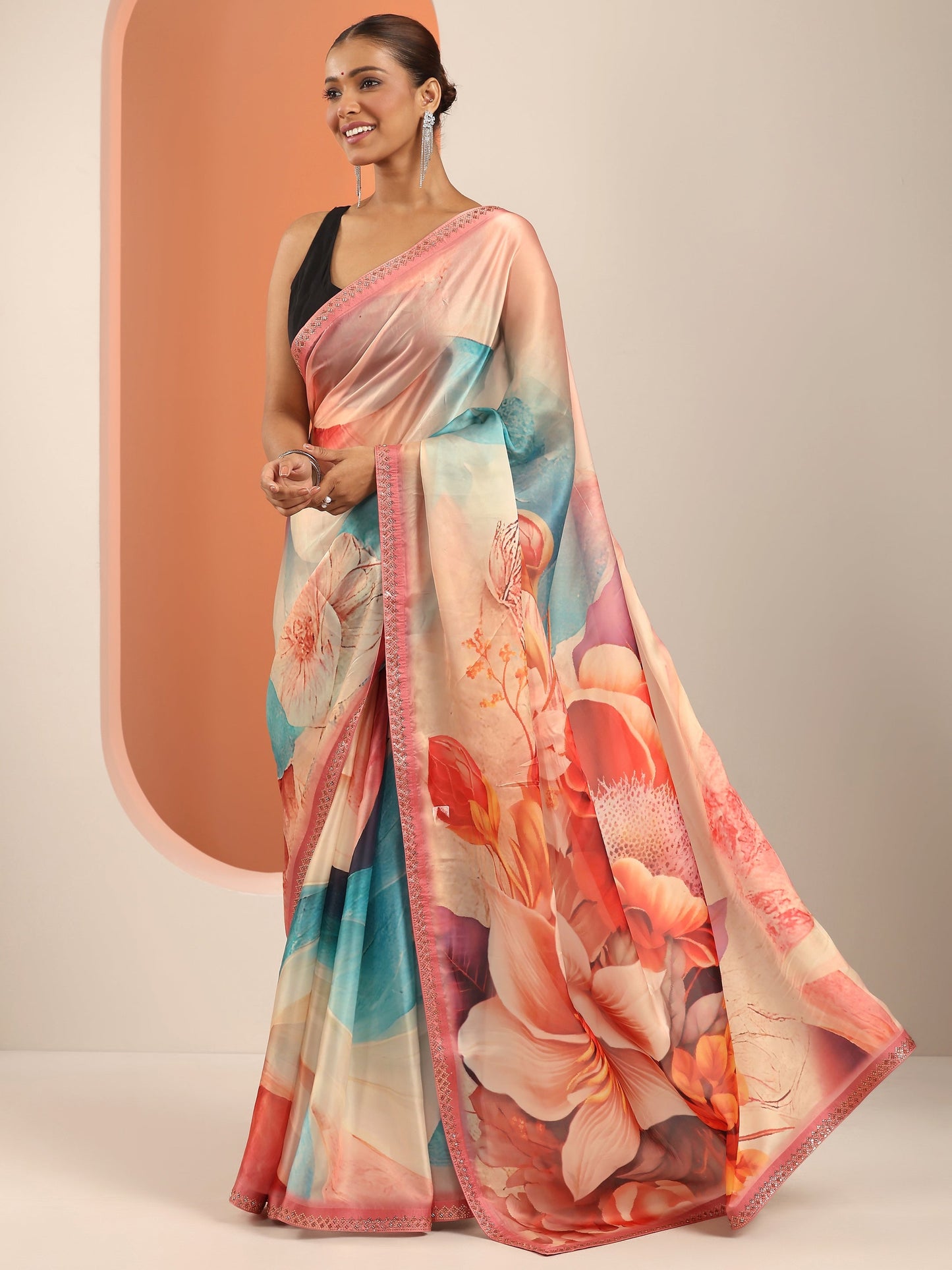 Peach Printed Organza Saree With Unstitched Blouse Piece