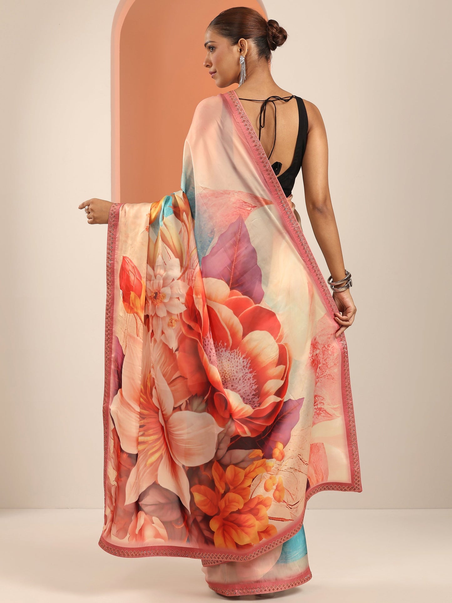 Peach Printed Organza Saree With Unstitched Blouse Piece