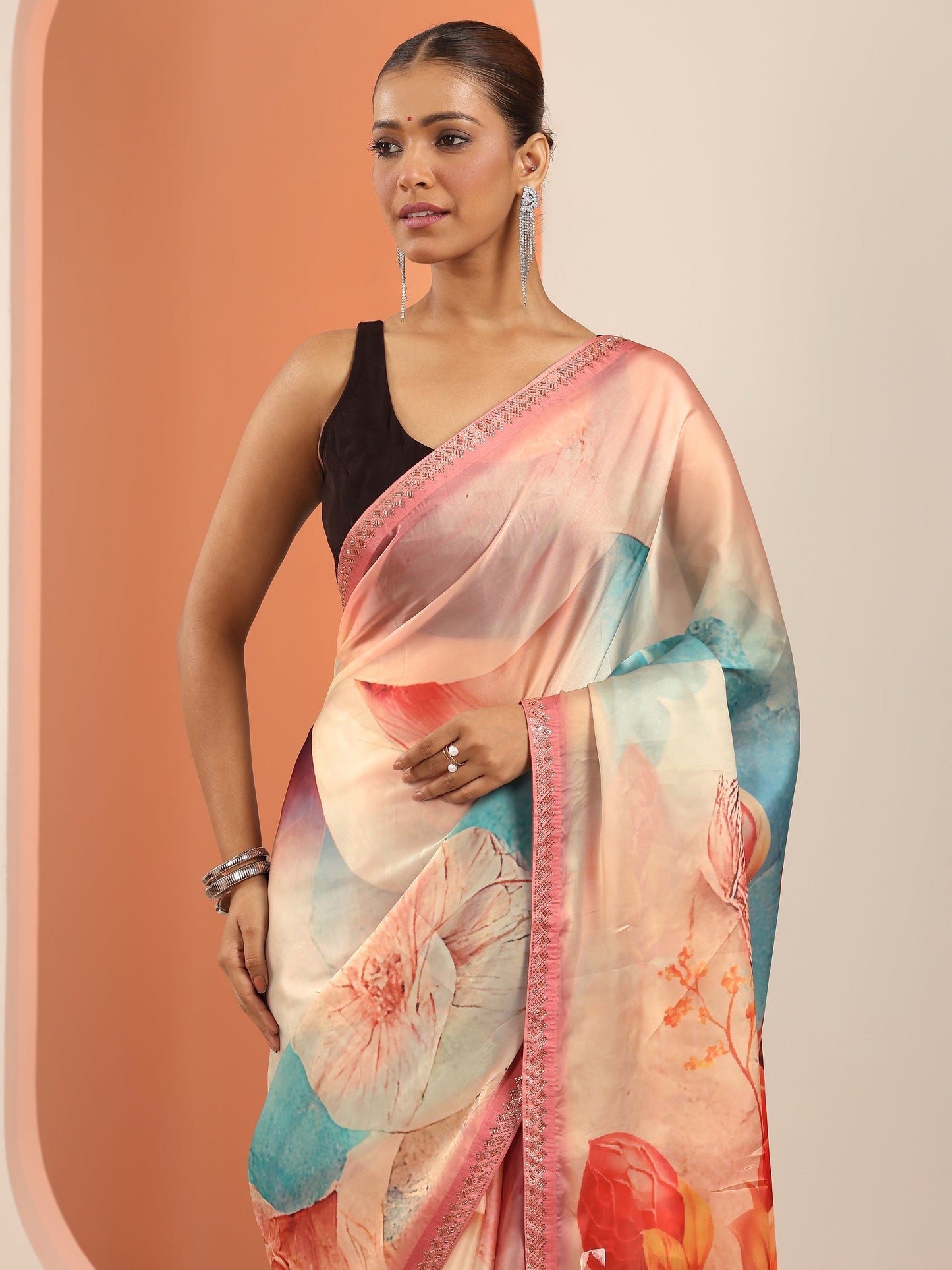 Peach Printed Organza Saree With Unstitched Blouse Piece