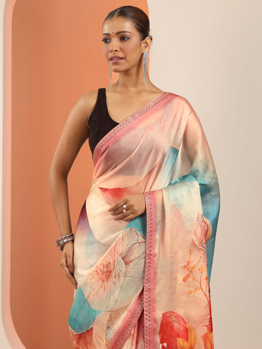 Peach Printed Organza Saree With Unstitched Blouse Piece