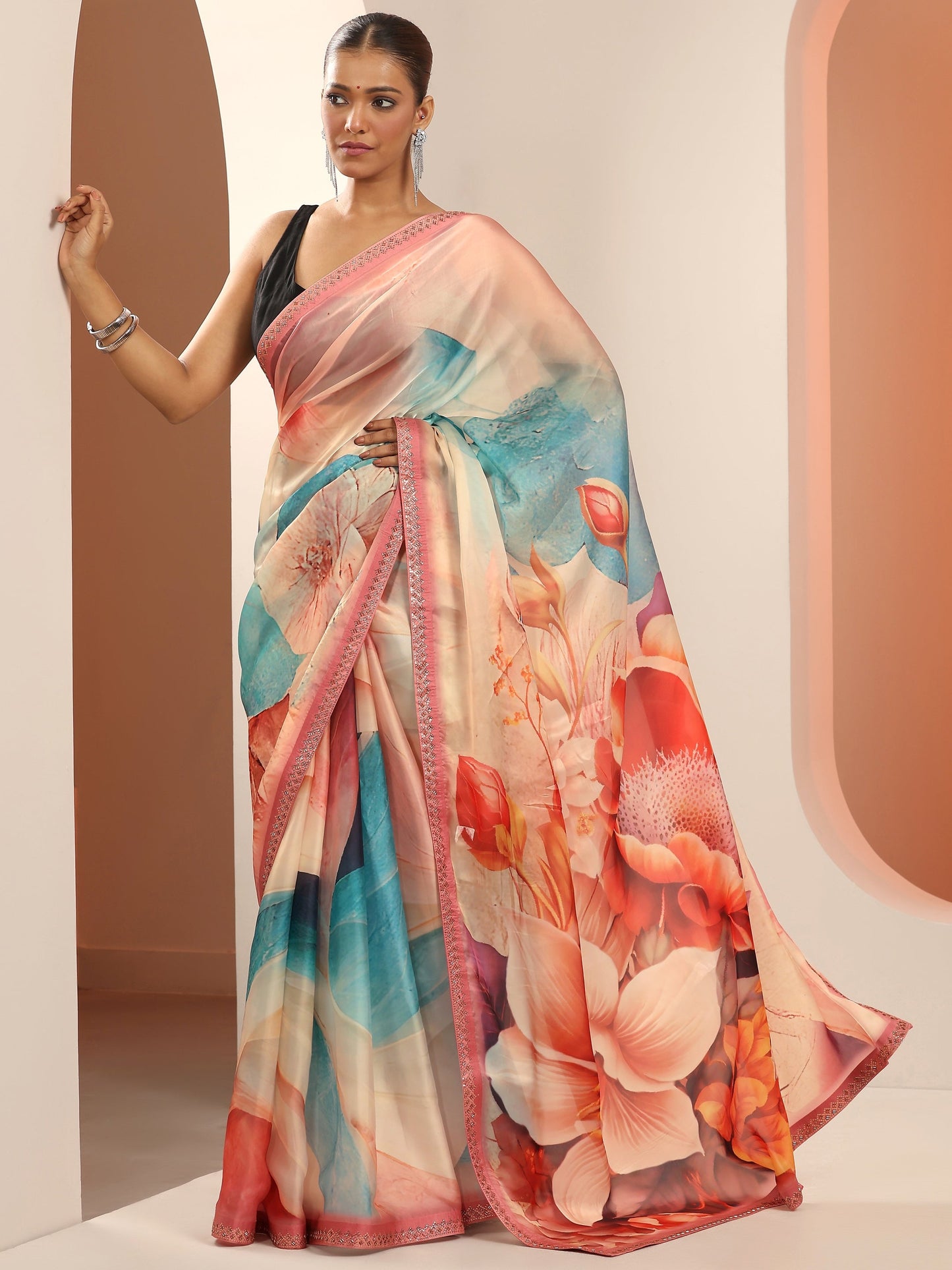 Peach Printed Organza Saree With Unstitched Blouse Piece