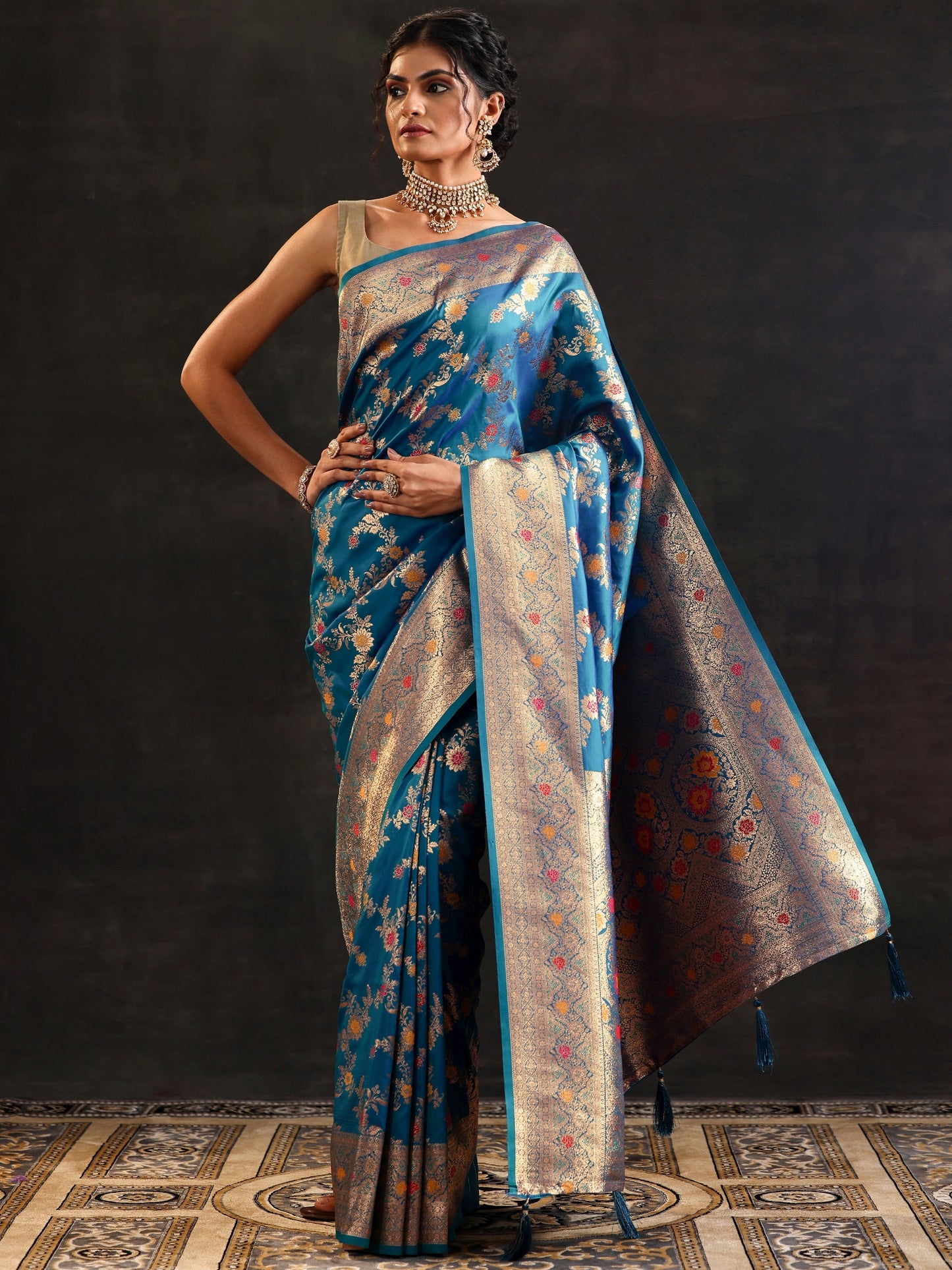 Blue Woven Design Silk Blend Saree With Unstitched Blouse Piece