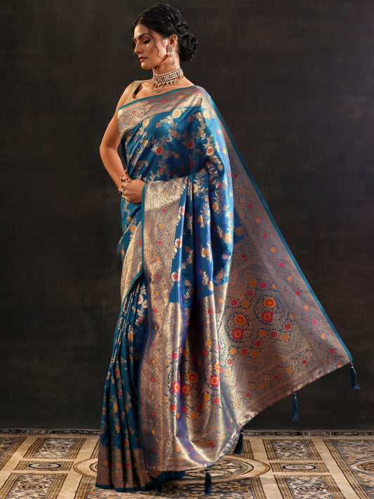 Blue Woven Design Silk Blend Saree With Unstitched Blouse Piece