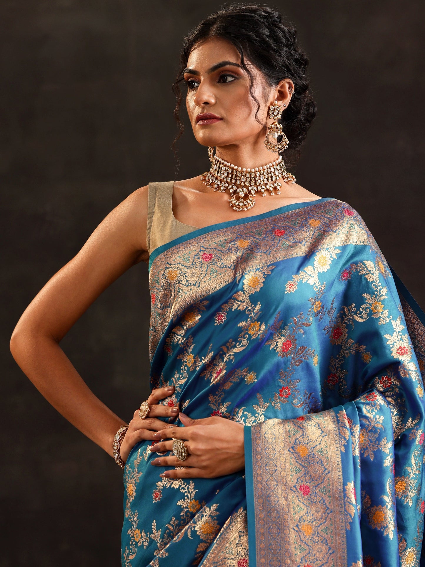 Blue Woven Design Silk Blend Saree With Unstitched Blouse Piece