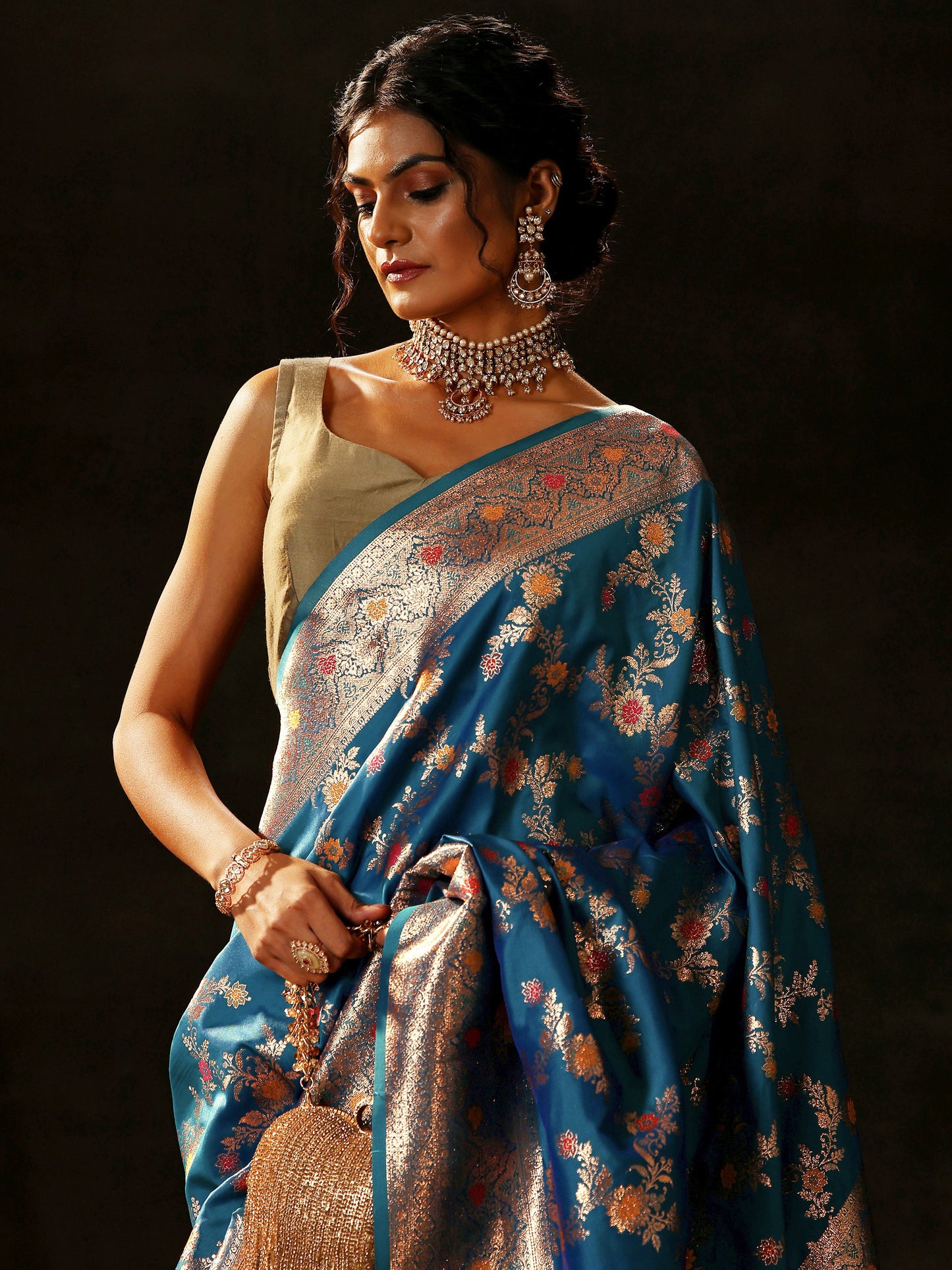 Blue Woven Design Silk Blend Saree With Unstitched Blouse Piece