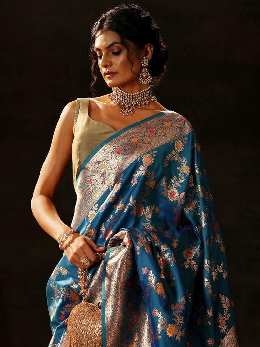 Blue Woven Design Silk Blend Saree With Unstitched Blouse Piece