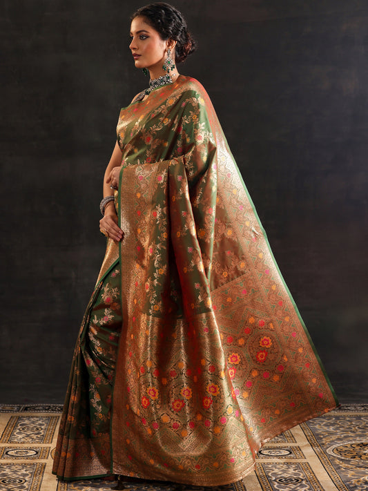 Green Woven Design Silk Blend Saree With Unstitched Blouse Piece