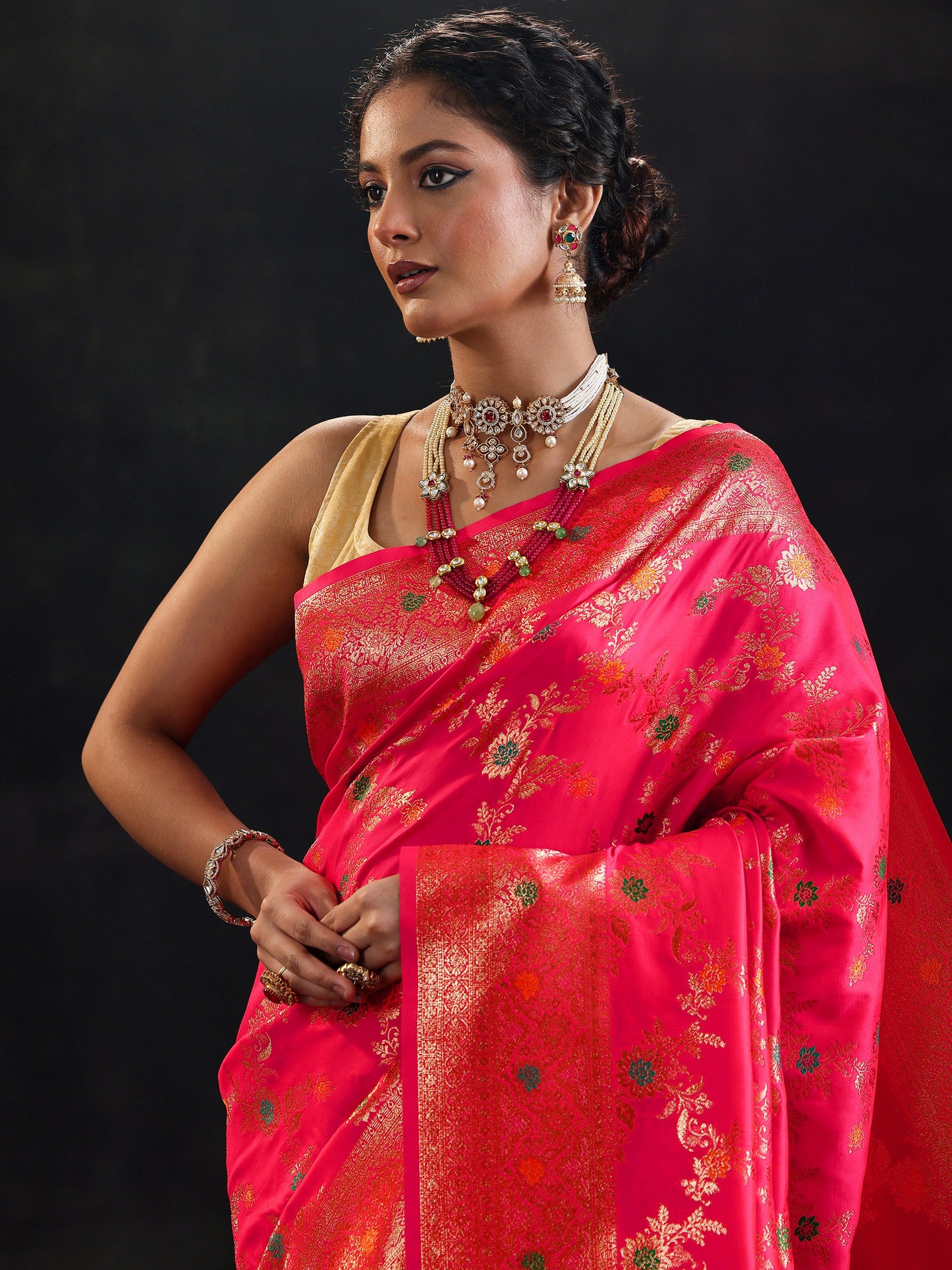 Pink Woven Design Banarasi Silk Blend Saree With Unstitched Blouse Piece