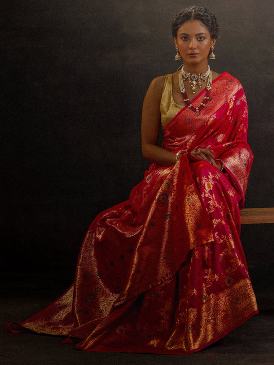 Pink Woven Design Banarasi Silk Blend Saree With Unstitched Blouse Piece