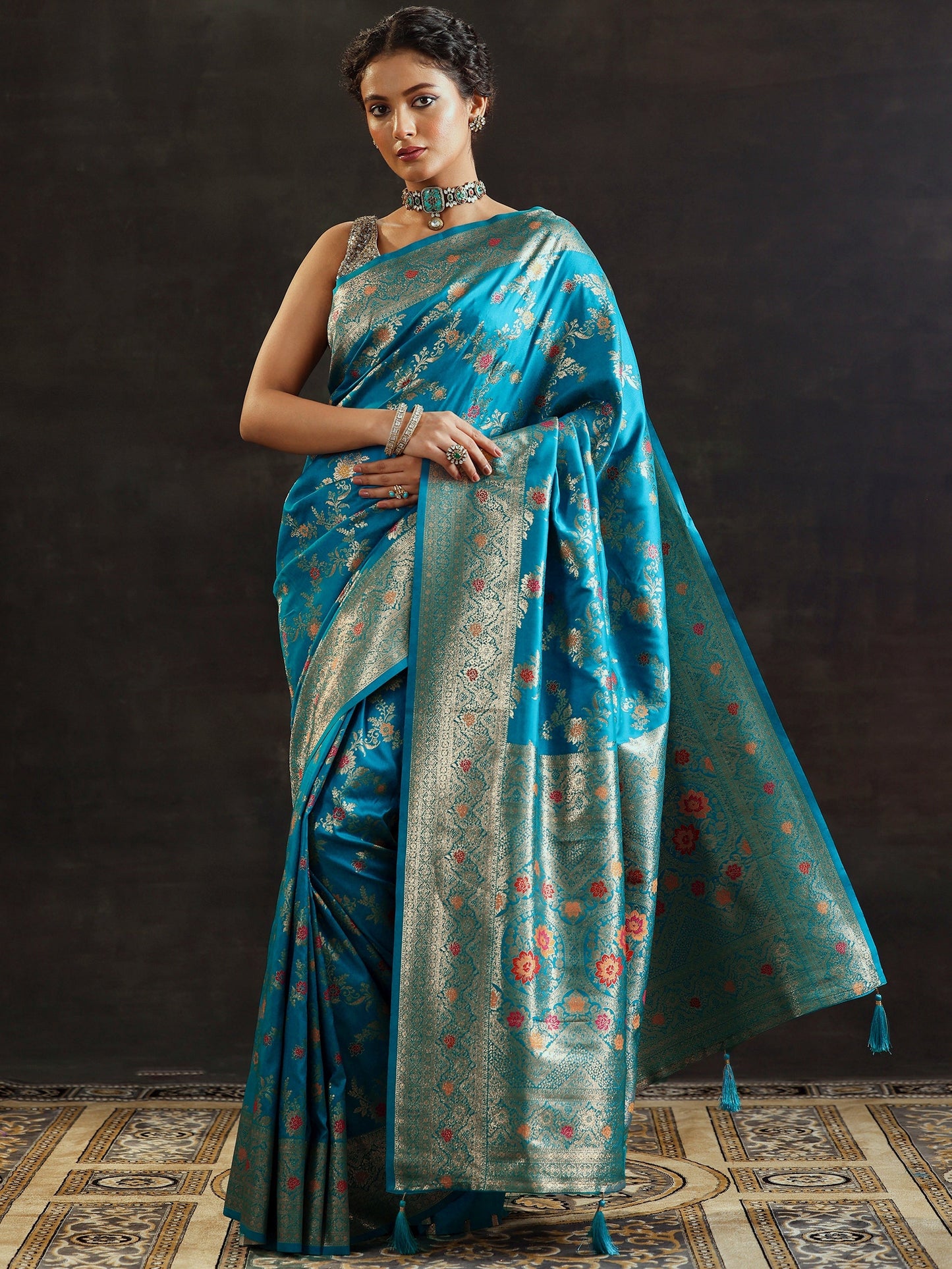 Blue Woven Design Silk Blend Saree With Unstitched Blouse Piece