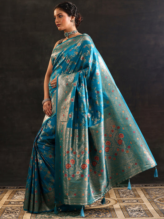 Blue Woven Design Silk Blend Saree With Unstitched Blouse Piece