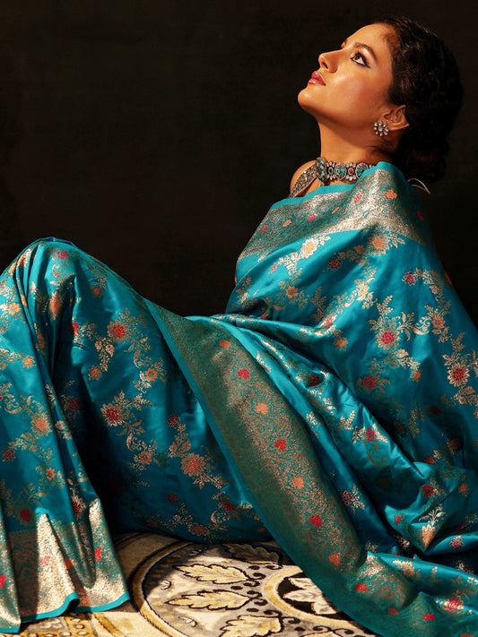 Blue Woven Design Silk Blend Saree With Unstitched Blouse Piece