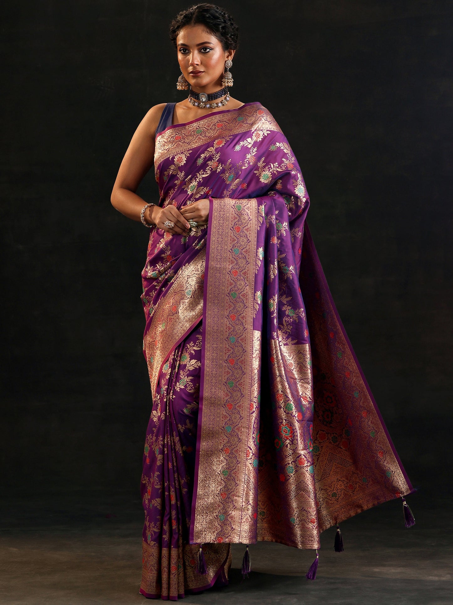 Purple Woven Design Silk Blend Saree With Unstitched Blouse Piece