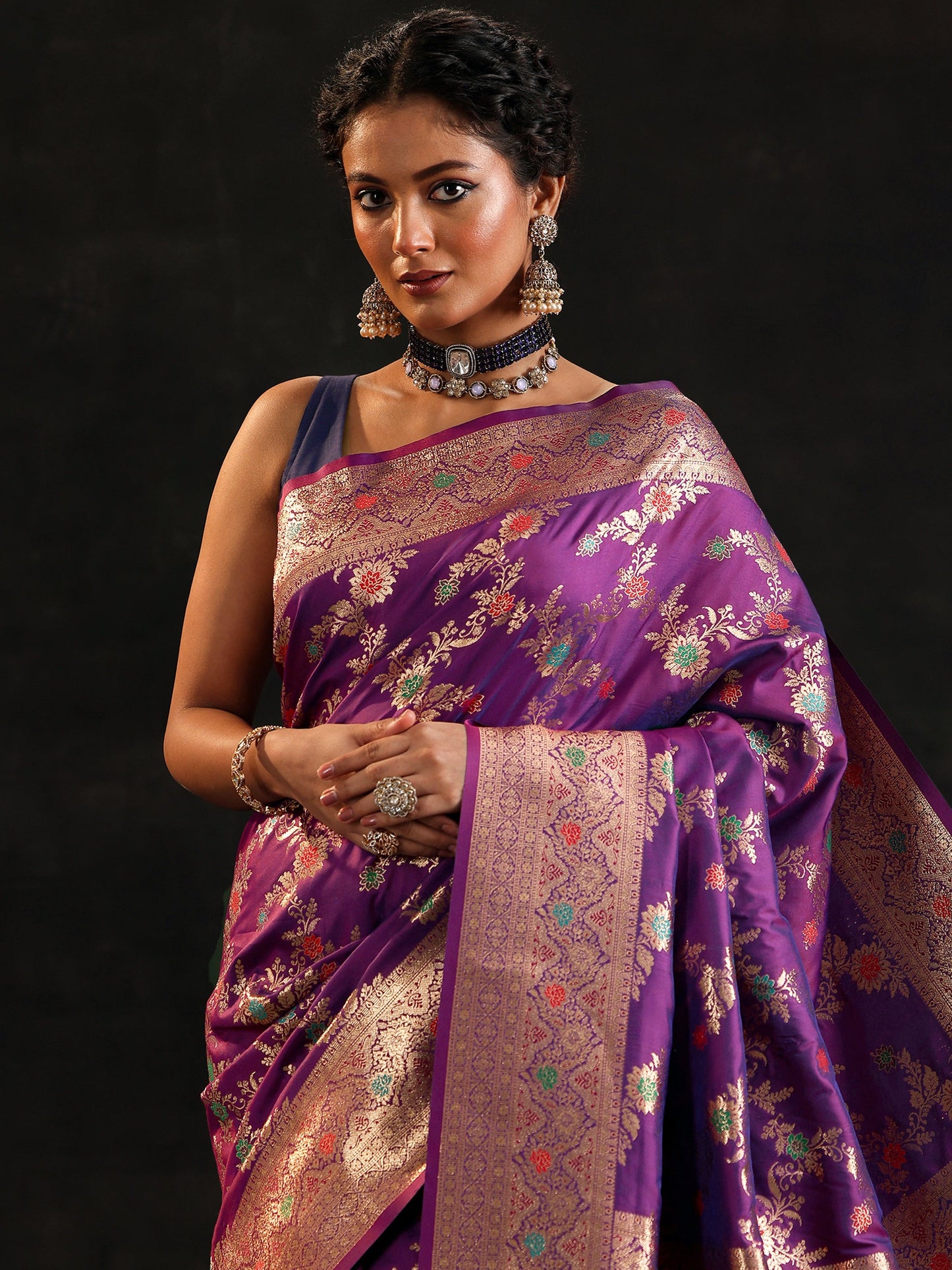 Purple Woven Design Silk Blend Saree With Unstitched Blouse Piece