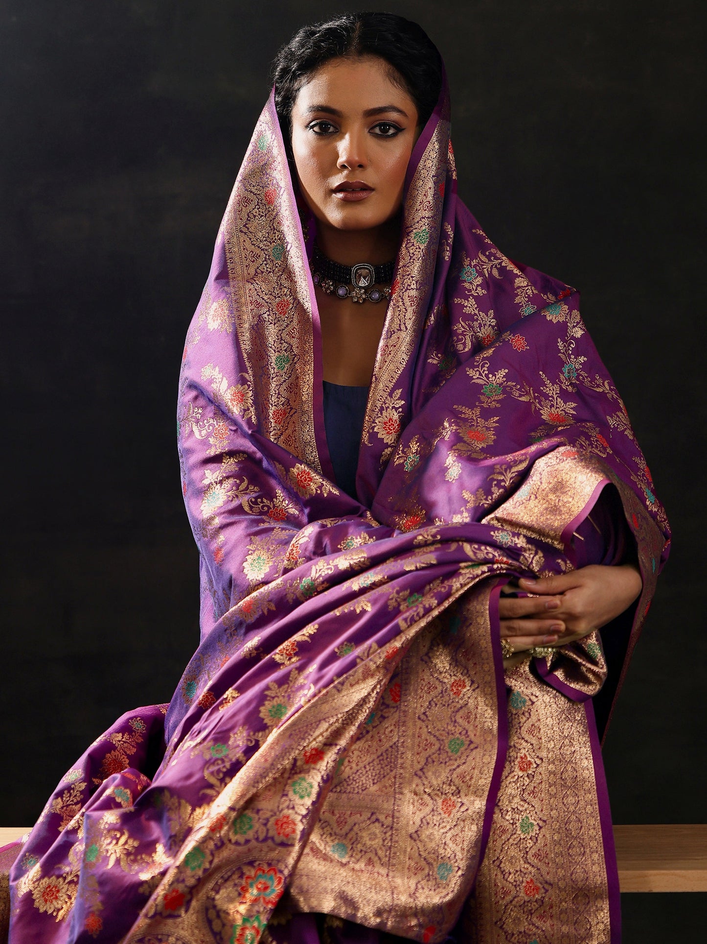 Purple Woven Design Silk Blend Saree With Unstitched Blouse Piece