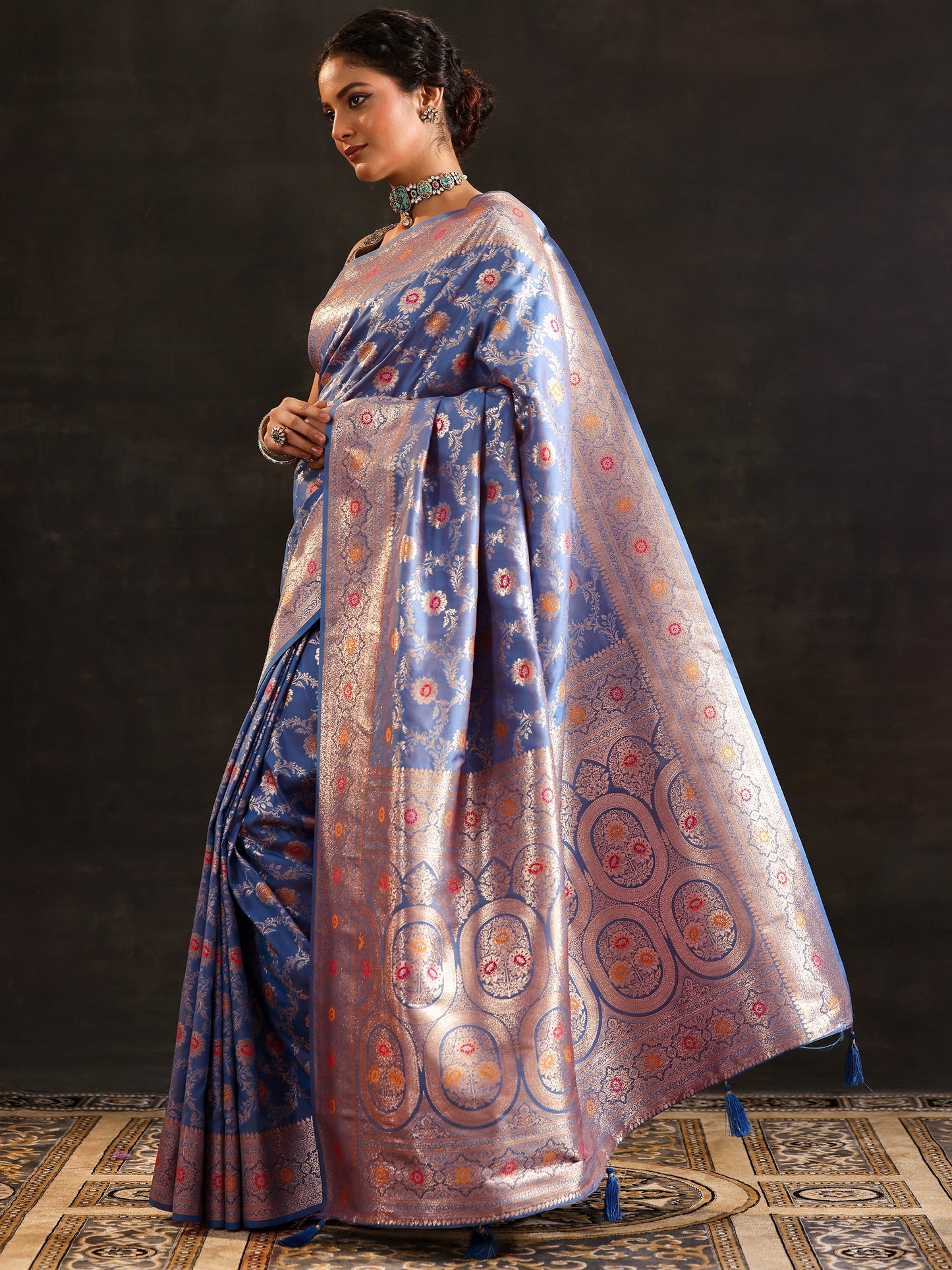 Blue Woven Design Silk Blend Saree With Unstitched Blouse Piece