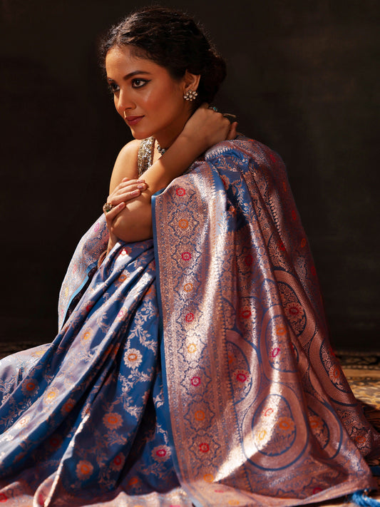 Blue Woven Design Silk Blend Saree With Unstitched Blouse Piece