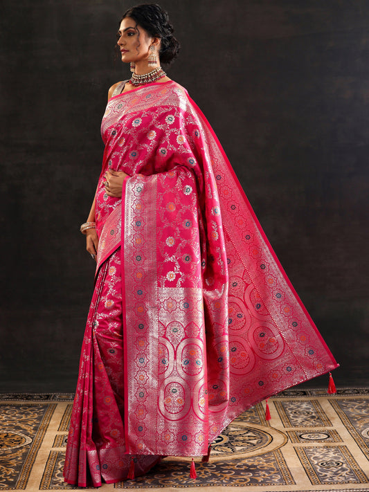 Pink Woven Design Banarasi Silk Blend Saree With Unstitched Blouse Piece