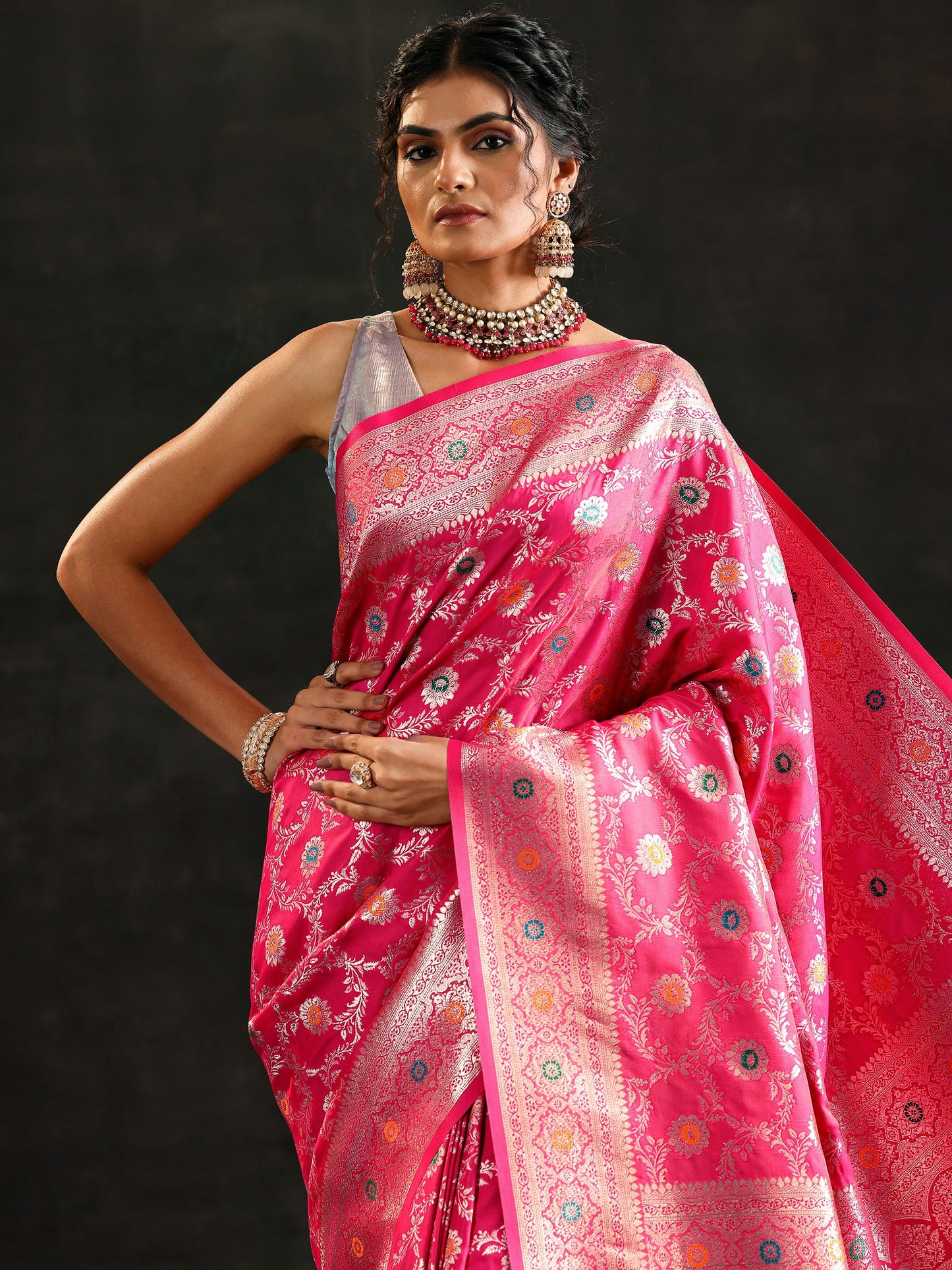 Pink Woven Design Banarasi Silk Blend Saree With Unstitched Blouse Piece