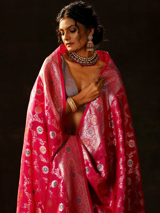 Pink Woven Design Banarasi Silk Blend Saree With Unstitched Blouse Piece
