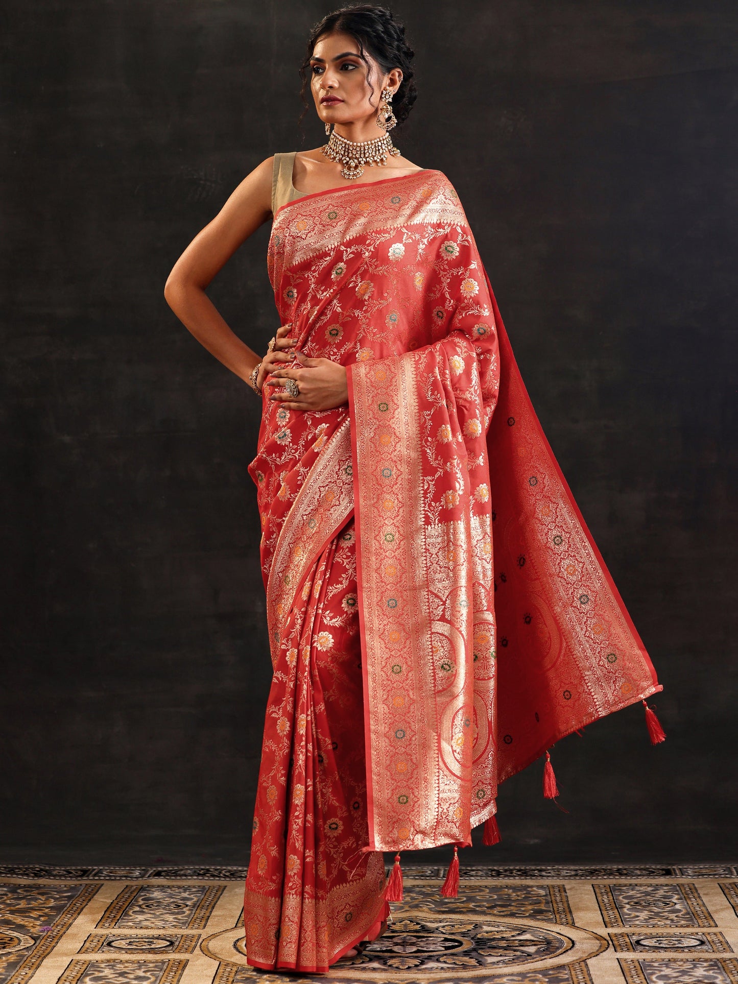 Rust Woven Design Banarasi Silk Blend Saree With Unstitched Blouse Piece