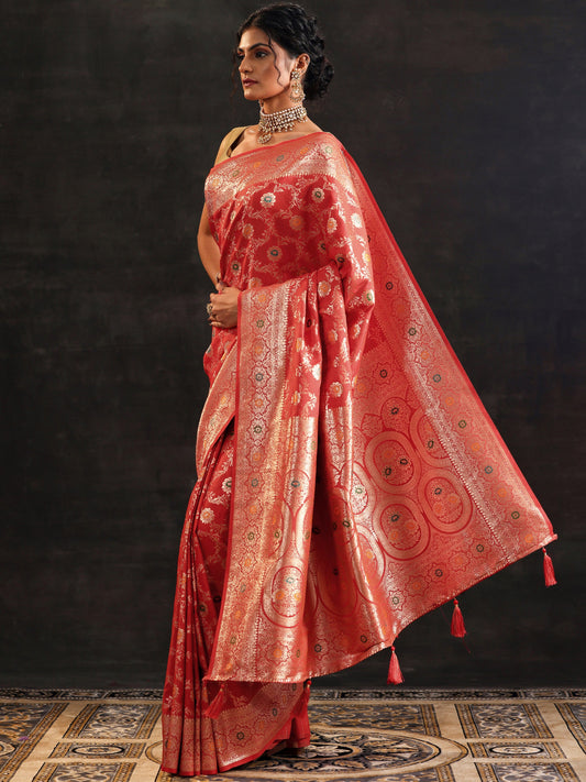 Rust Woven Design Banarasi Silk Blend Saree With Unstitched Blouse Piece