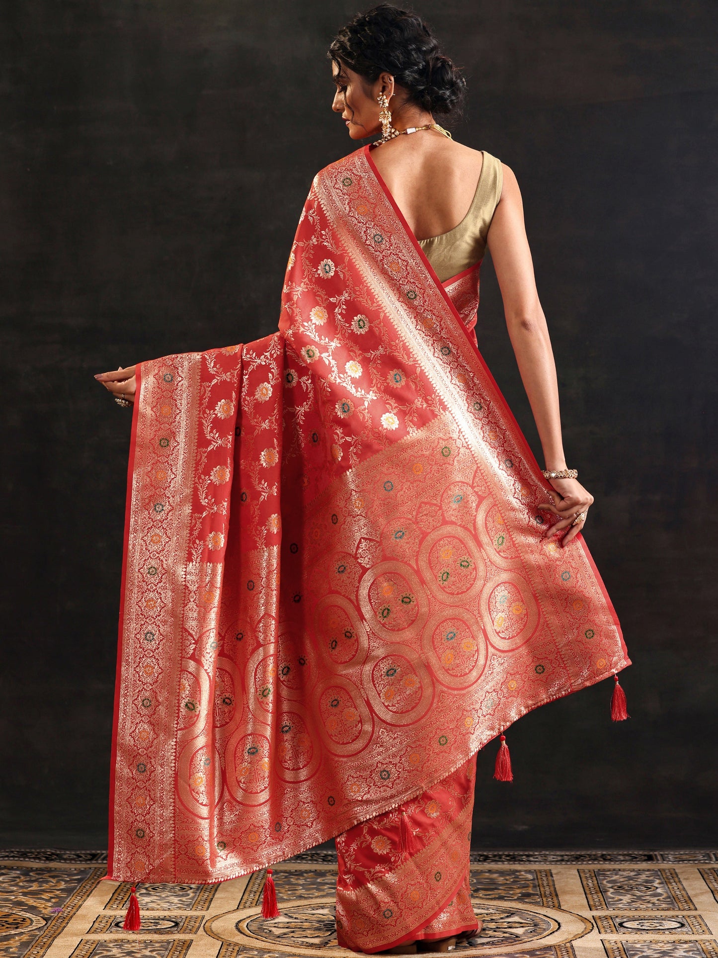 Rust Woven Design Banarasi Silk Blend Saree With Unstitched Blouse Piece