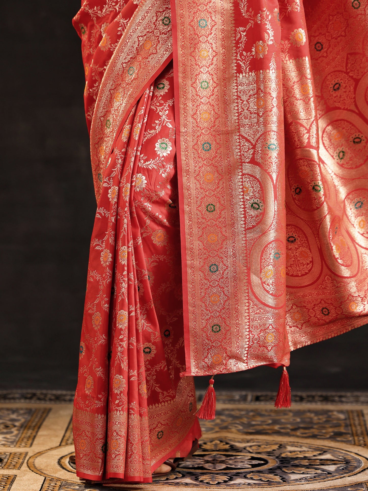 Rust Woven Design Banarasi Silk Blend Saree With Unstitched Blouse Piece