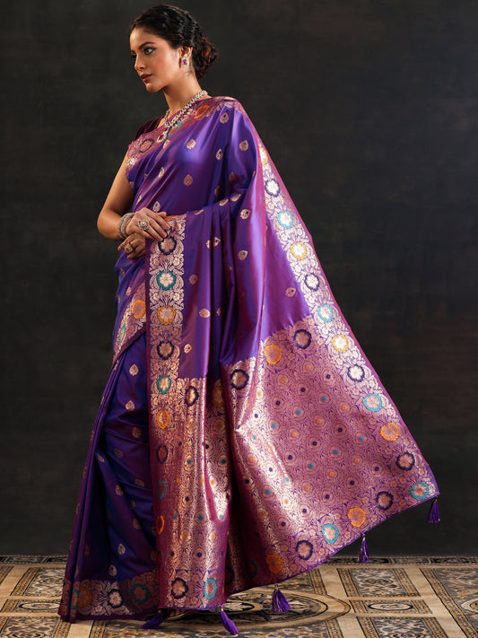 Purple Woven Design Silk Blend Saree With Unstitched Blouse Piece