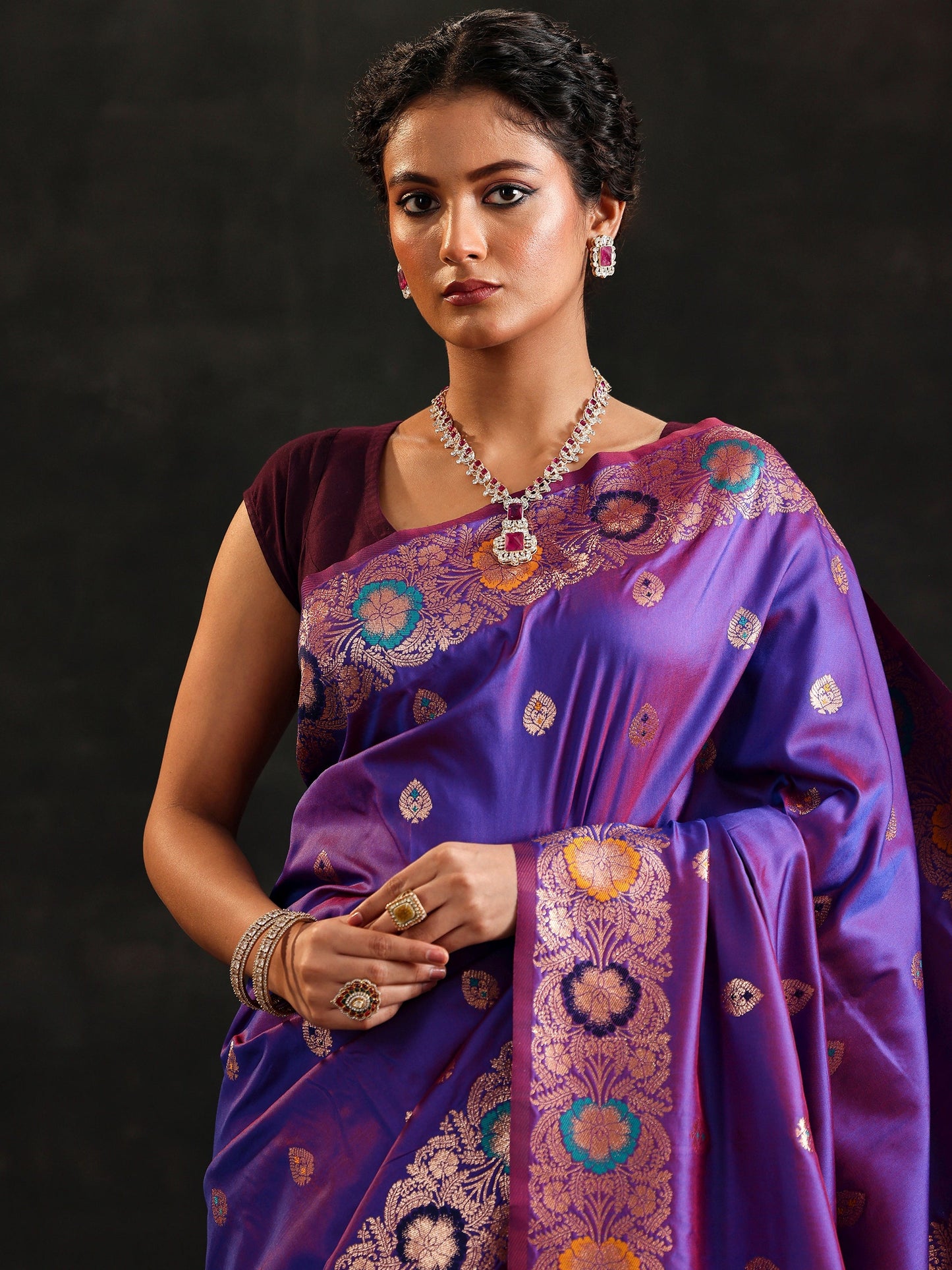 Purple Woven Design Silk Blend Saree With Unstitched Blouse Piece