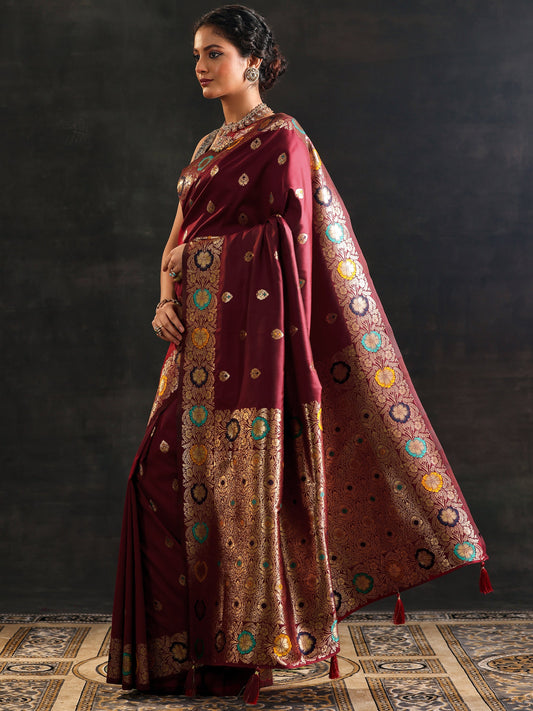 Maroon Woven Design Silk Blend Saree With Unstitched Blouse Piece